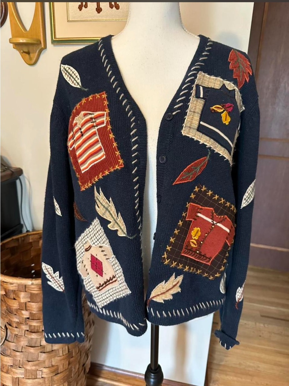 Navy blue vintage cardigan with embroidered patchwork design